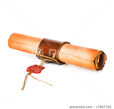 Ancient scroll with wax seal isolated on white 17667193