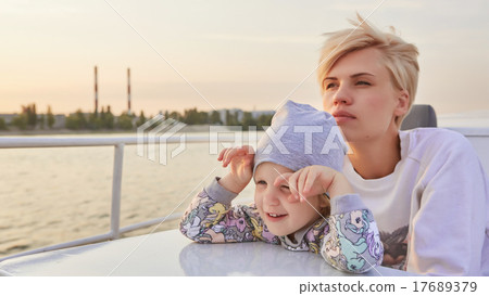 Mother, daughter on yacht or catamaran boat 17689379