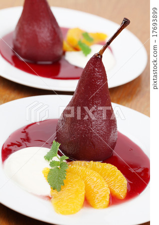 Poached pears in red wine with creme fraiche Poached pears in red wine with creme fraiche 17693899