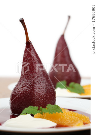 Poached pears in red wine with creme fraiche 17693903