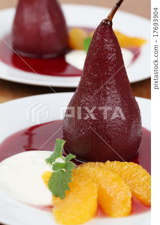 Poached pears in red wine with creme fraiche Poached pears in red wine with creme fraiche 17693904