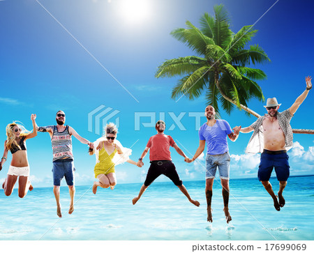 Beach Summer Friends Jumping Happiness Concept Beach Summer Friends Jumping Happiness Concept 17699069