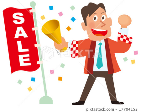 Male employee of red hat with SALE climb and megaphone 17704152