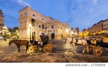 Stock Photo: Horse carriages near ayuntamiento in morning. Seville