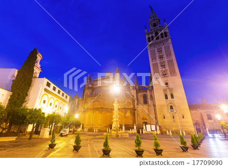 Seville Cathedral with Giralda tower in evening. Spain 17709090