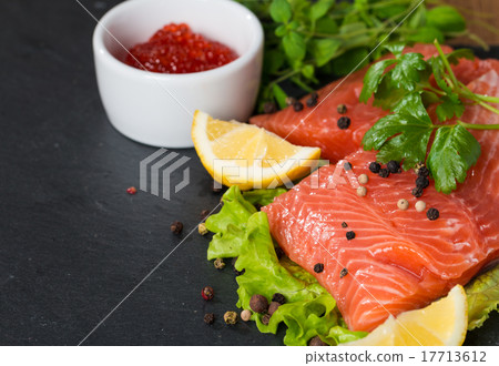 Fresh salmon and red caviar on black plate Fresh salmon and red caviar on black plate 17713612