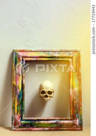 Tiny skulls in colorful wooden frame 17729442