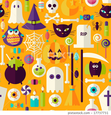 Flat Orange Halloween Objects Seamless Pattern - Stock Illustration ...