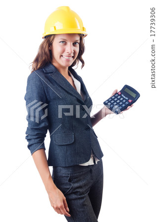Female builder with calculator on white Female builder with calculator on white 17739306