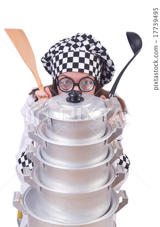 Cook with stack of pots on white Cook with stack of pots on white 17739495