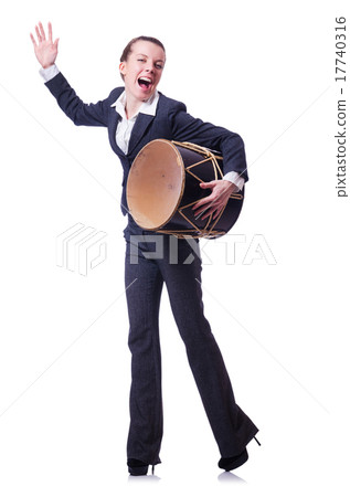 Funny businesswoman with drum isolated on white Funny businesswoman with drum isolated on white 17740316