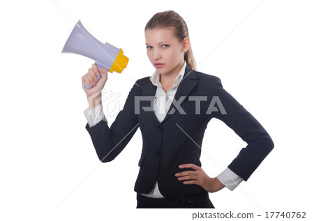 Woman with loudspeaker on white 17740762