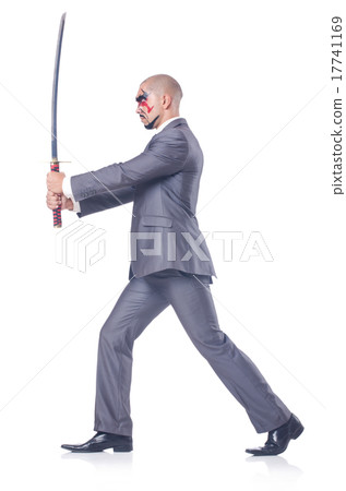 Businessman with sword isolated on white 17741169