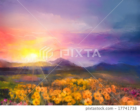 Oil painting yellow- golden daisy flower in field 17741738