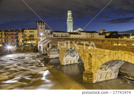 Bridge Ponte Pietra in the evening, Verona 17741974