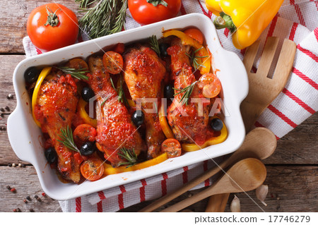 Chicken legs in tomato sauce with olives top view Chicken legs in tomato sauce with olives top view 17746279