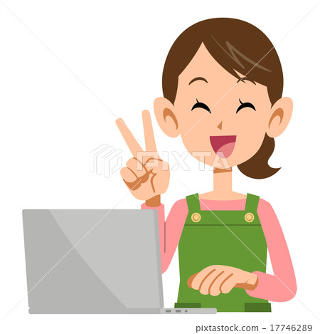 Housewife showing a laptop and peace sign 17746289