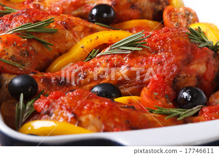Chicken legs in tomato in baking dish macro, Chicken legs in tomato in baking dish macro, 17746611