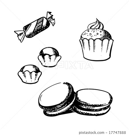 Sketch of cupcake, macaron, truffles and candy Sketch of cupcake, macaron, truffles and candy 17747888