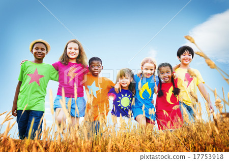 Kids Diverse Playing Sky Field Young Concept Kids Diverse Playing Sky Field Young Concept 17753918
