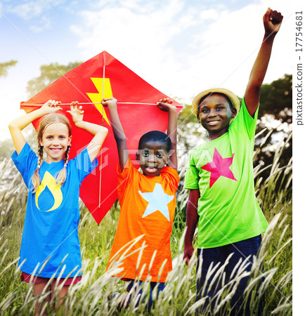 Kids Diverse Playing Kite Field Young Concept 17754681