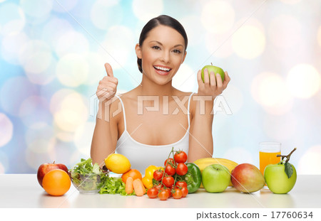 happy woman with healthy food showing thumbs up 17760634