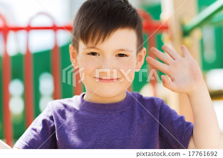 happy little boy climbing on children playground 17761692
