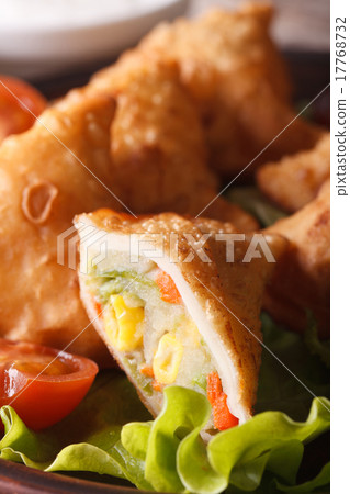 Vegetarian Indian samosa pastry macro. Vertical 17768732