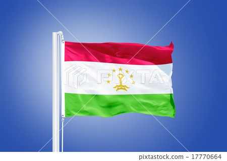Flag of Tajikistan flying against a blue sky Flag of Tajikistan flying against a blue sky 17770664