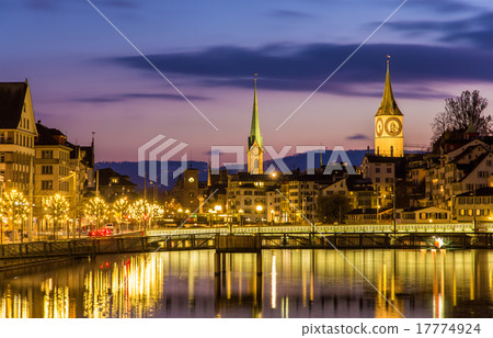 Zurich on banks of Limmat river on winter evening Zurich on banks of Limmat river on winter evening 17774924