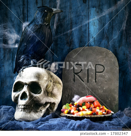 crow, skull, gravestone and Halloween candies 17802347
