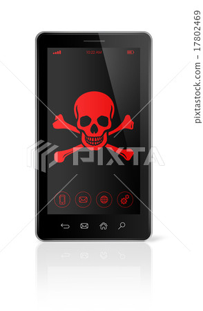 图库插图: smart phone with a pirate hacking symbol on screen