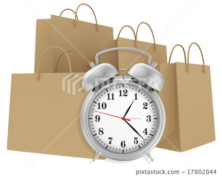 Alarm clock with paper bags isolated on white 17802844