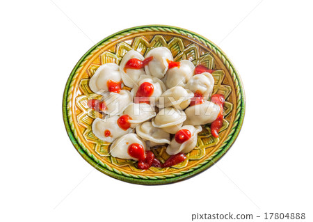 full ketchup pelmeni on a white background 17804888
