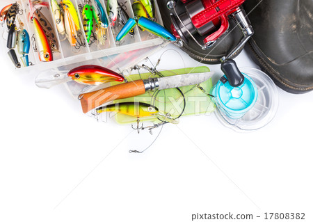 fishing tackles and rubber boots on white fishing tackles and rubber boots on white 17808382