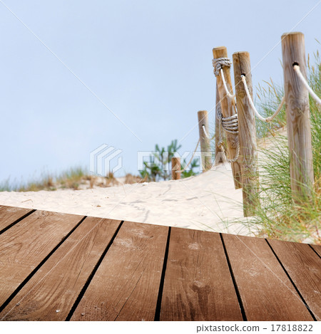 Beach and empty wooden deck table. 17818822