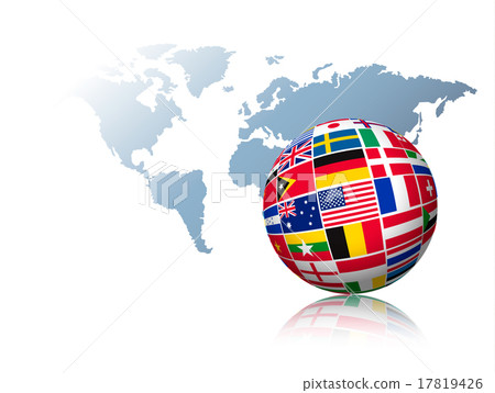 Globe made out of flags on a world map background. 17819426