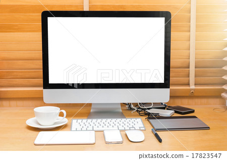 Stock Photo: Workplace, computer, tablet, smart phone, key board and coffee c