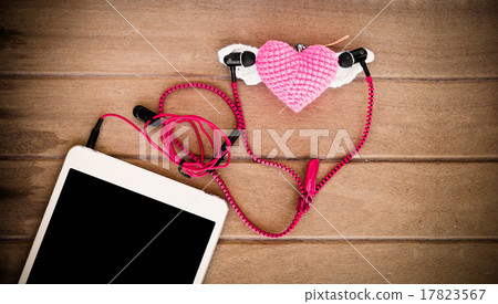 Portable audio earphones with tablets and heart Crochet on wood Portable audio earphones with tablets and heart Crochet on wood 17823567