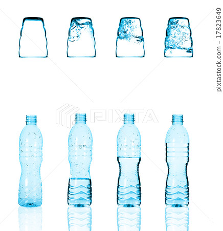 Stack of water glass Pouring water into cold bottle on white bac 17823649