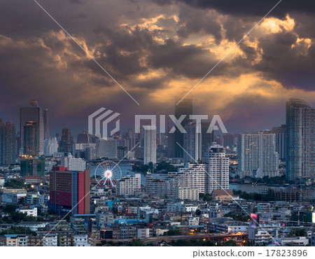 Bangkok Cityscape with Ferris wheel after sunset, blue tone 17823896