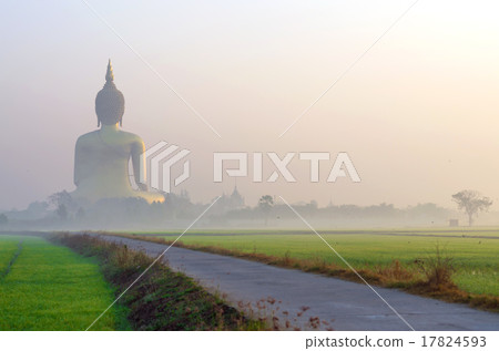 The Big Buddha at Wat Muang Temple with fog and tree, Angthong, The Big Buddha at Wat Muang Temple with fog and tree, Angthong, 17824593