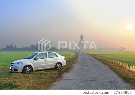 The Big Buddha at Wat Muang Temple with white color car, fog and 17824903
