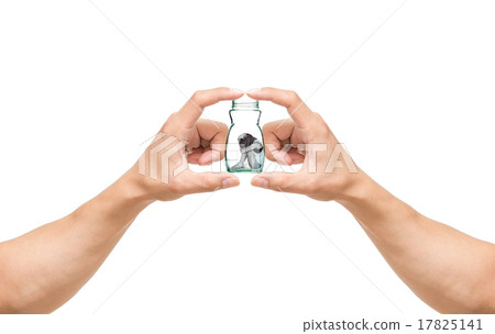 man hands catching the Sad woman sitting alone in a jar on white man hands catching the Sad woman sitting alone in a jar on white 17825141