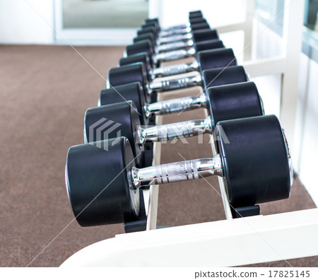 Rows of dumbbells in the fitness room Rows of dumbbells in the fitness room 17825145