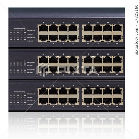 stact of Network switch with 16 ports on white background, isola 17825160