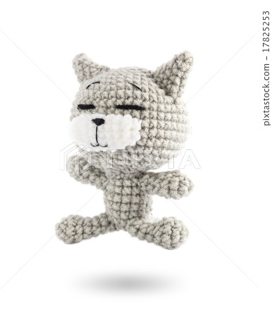 handmade crochet gray cat doll on white background, left side 17825253