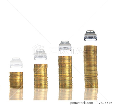 stacks of gold coins with car as a goal on white background, bus stacks of gold coins with car as a goal on white background, bus 17825346