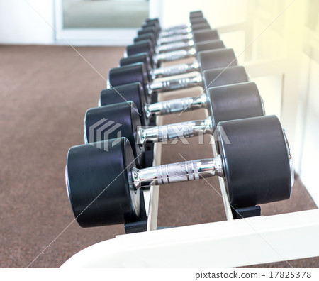 Rows of dumbbells in the fitness room Rows of dumbbells in the fitness room 17825378