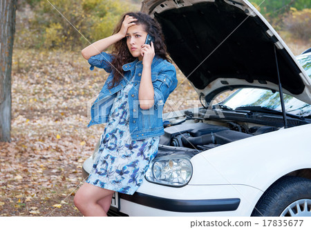 Woman with broken car talk on phone 17835677
